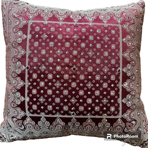 Red Beaded Throw Pillows (2 ct) Mughal Embellished Boho Decor bollywood desi - Picture 3 of 14
